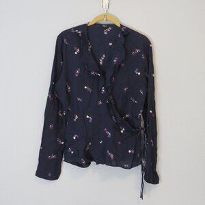 Rails Simone Wrap Top Blouse Navy Kyoto Flower Sz L Ruffle Coquette Peplum